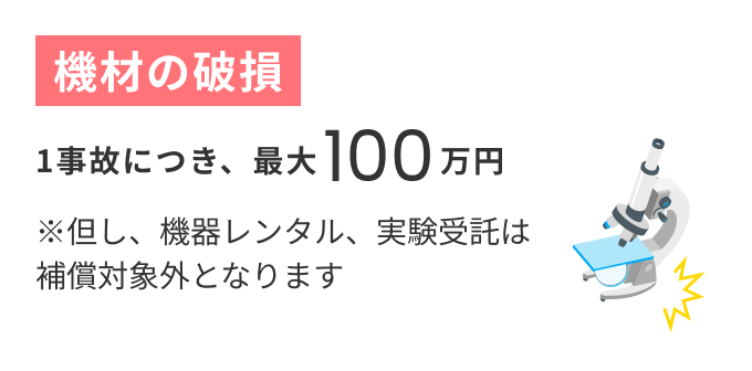 機材の破損 1事故につき、最大100万円 ※但し、機器レンタル、実験受託は補償対象外となります